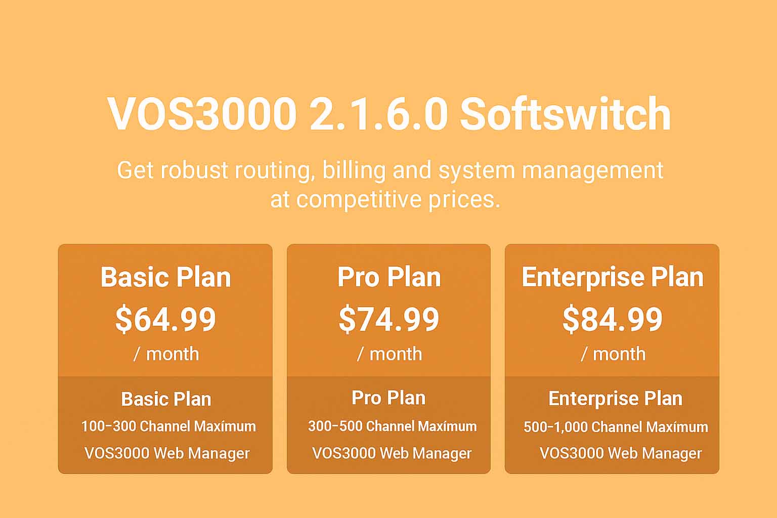 Light orange blog banner showing Basic, Pro, and Enterprise plans for VOS3000 Softswitch with Web Manager access